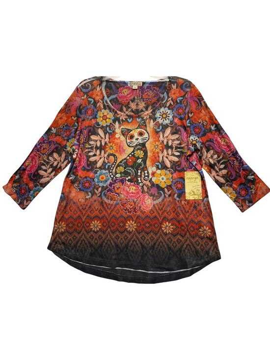 Energé Tops - Energe Womens Sz Large Colorful Cat & Floral Print Long Sleeve Top Vibrant Boho